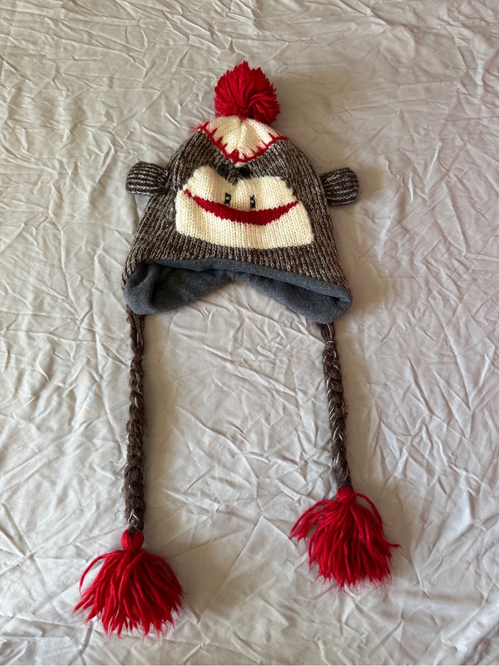 Kids Knit Monkey Earflap Hat with Red Pom Pom - Unbranded